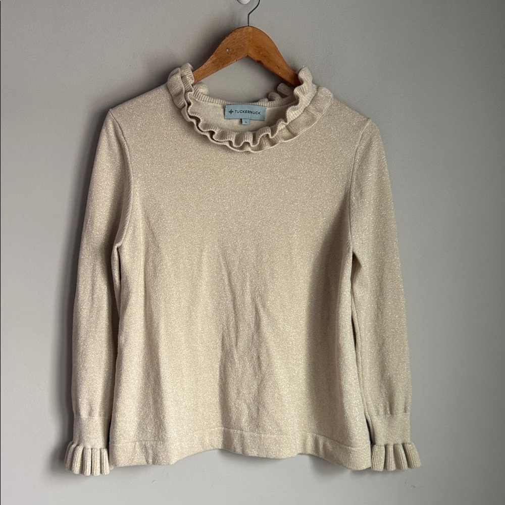 Tuckernuck Ivory Shimmer Edie Ruffle Sweater Large - Picture 2 of 8